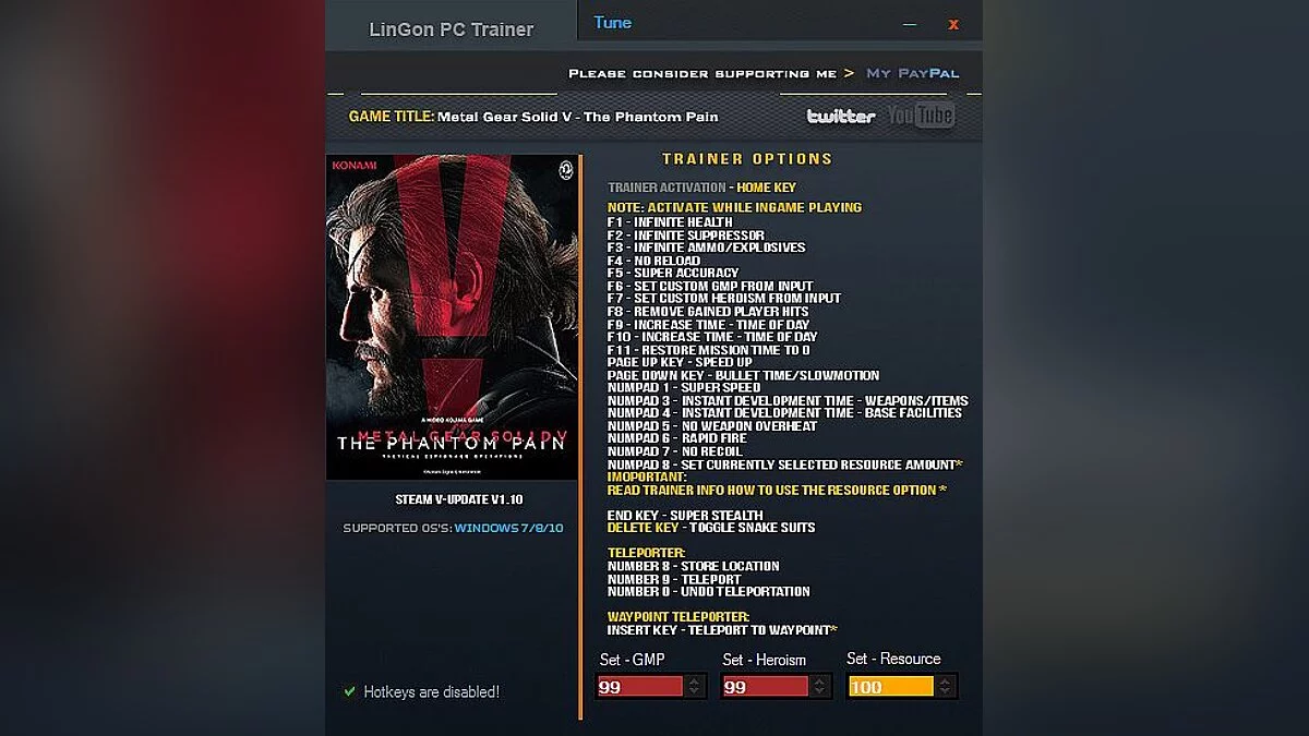 Metal Gear Solid 5: The Phantom Pain — Трейнер / Trainer (+26) [1.10] [LinGon] - Final Fixed Version