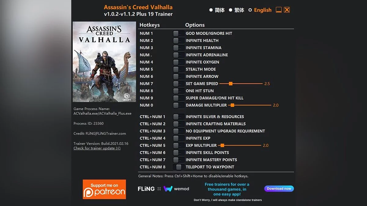Assassin's Creed Valhalla — Трейнер (+19) [1.0.2 - 1.1.2]