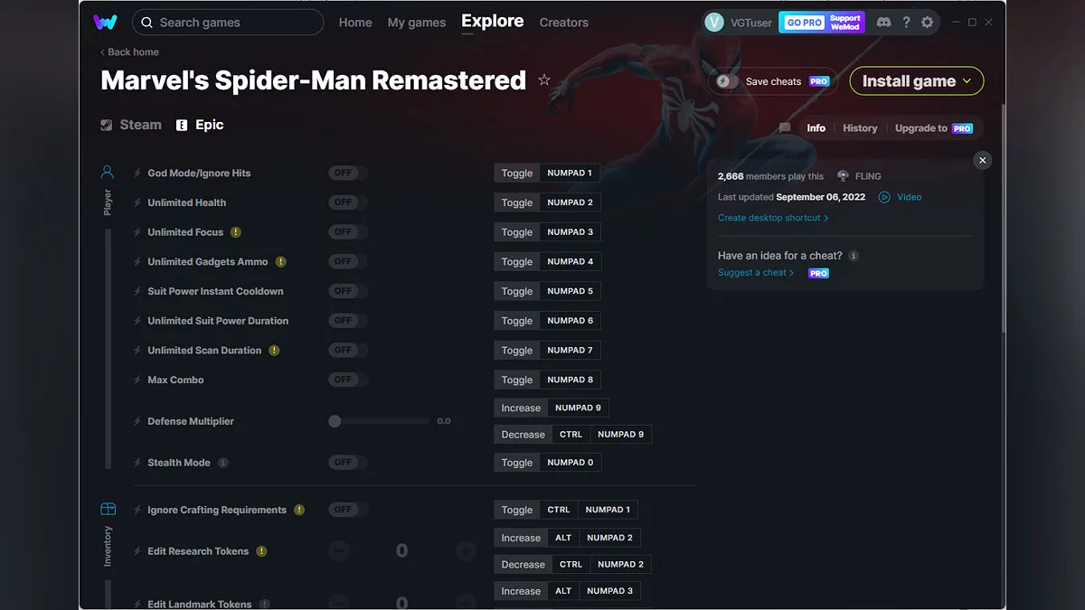 Marvel's Spider-Man Remastered — Трейнер (+27) от 06.09.2022 [WeMod]
