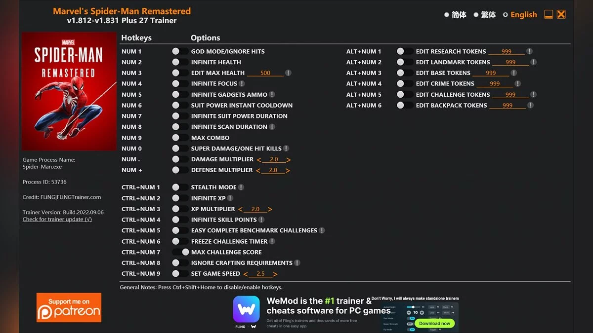 Marvel's Spider-Man Remastered — Трейнер (+27) [1.812 - 1.831]