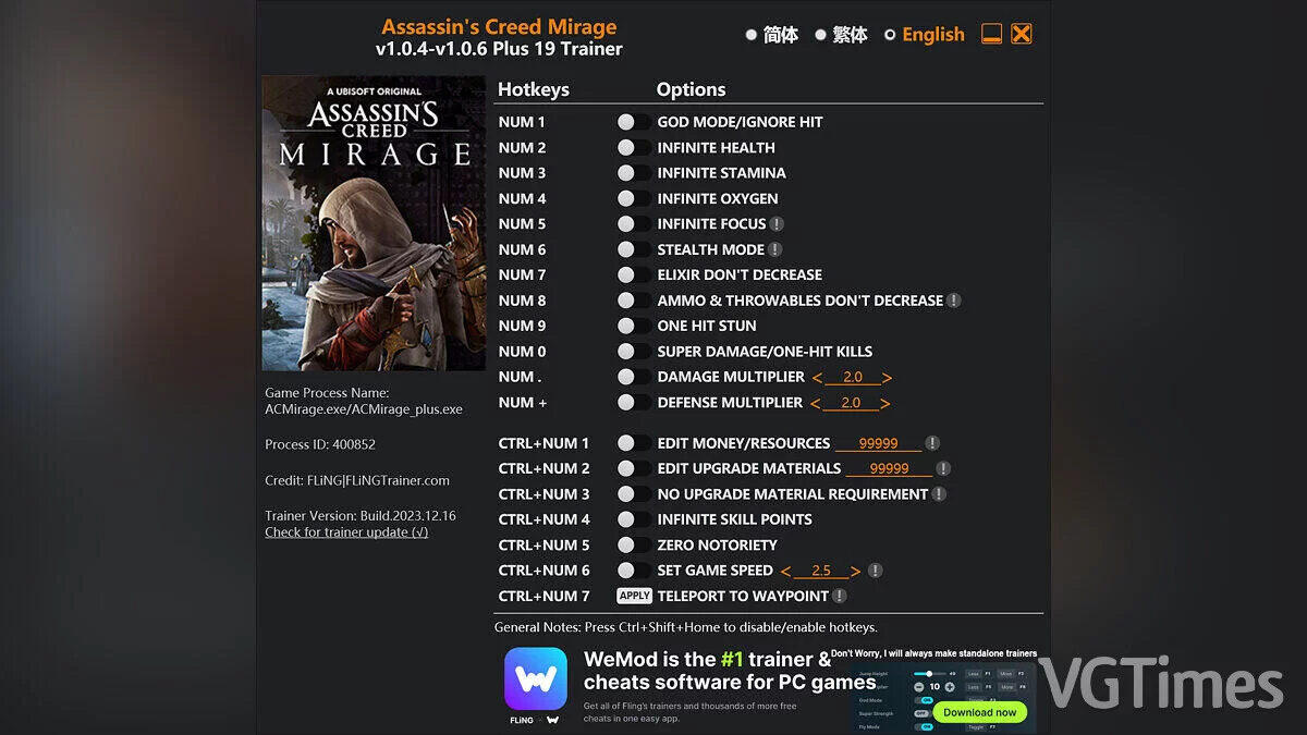 Assassin's Creed Mirage — Трейнер (+19) [1.0.4 - 1.0.6]