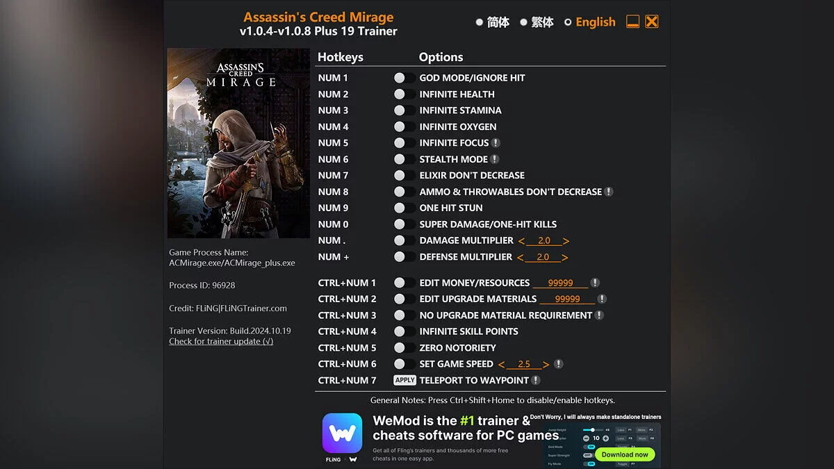 Assassin's Creed Mirage — Трейнер (+19) [1.0.4 - 1.0.8]