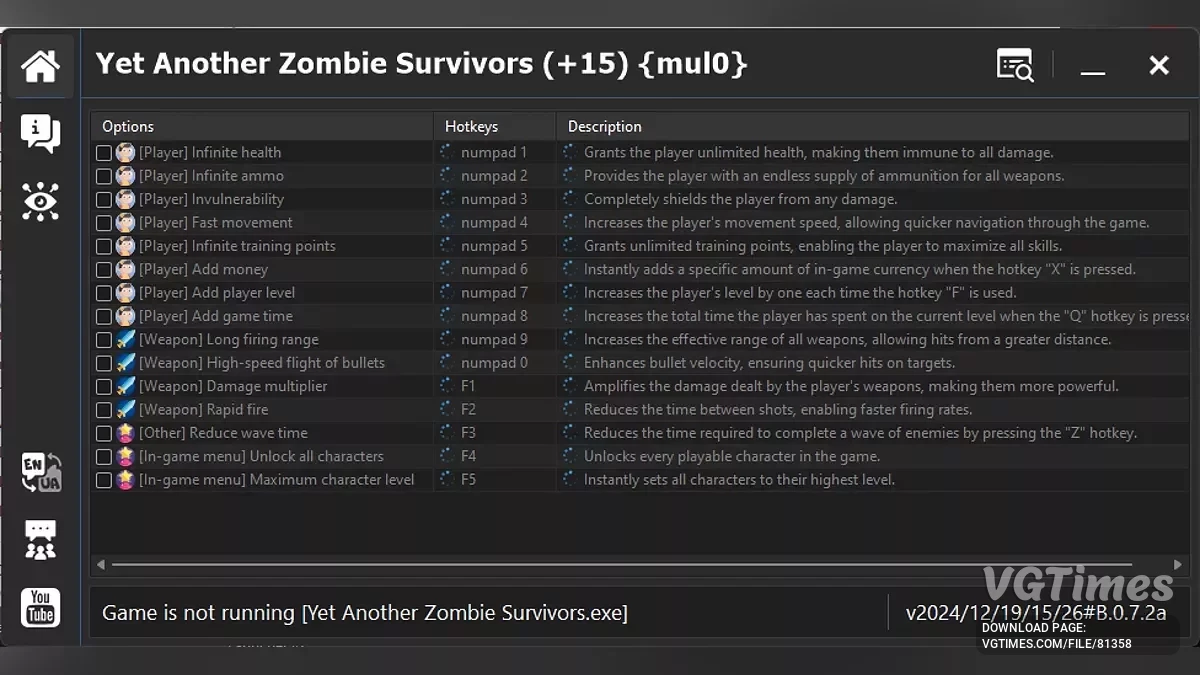 Yet Another Zombie Survivors — Трейнер (+15) [2024/12/19/15/26#B.0.7.2a]