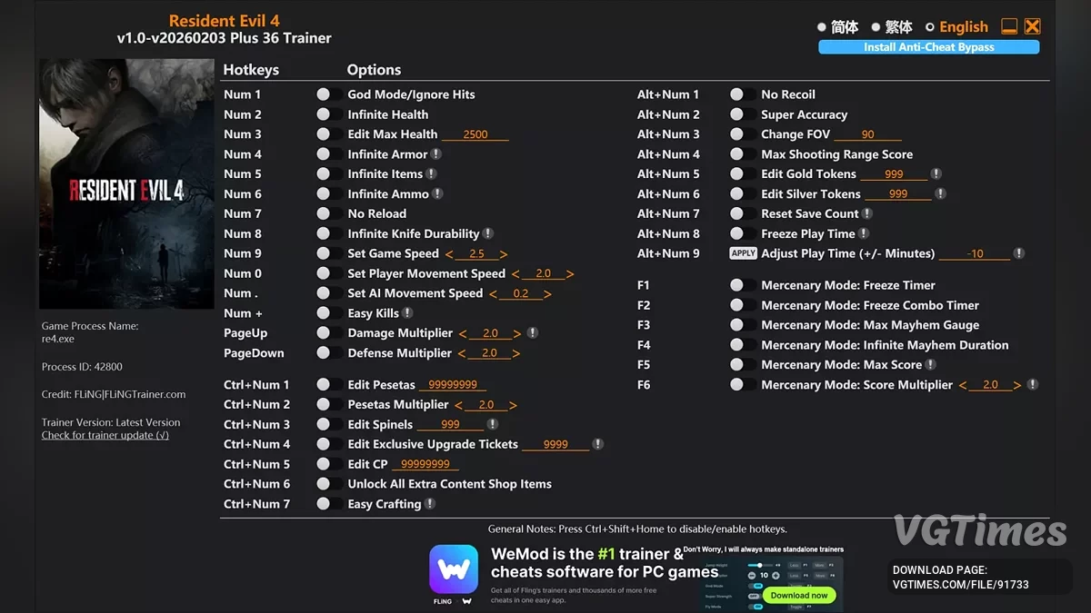 Resident Evil 4 Remake (2023) — Трейнер (+36) [1.0 - UPD: 03.02.2026]