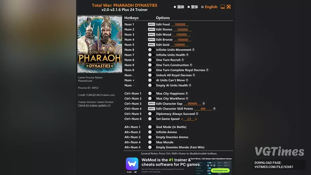 Total War: Pharaoh Dynasties — Трейнер (+24) [2.0 - 2.1.6]