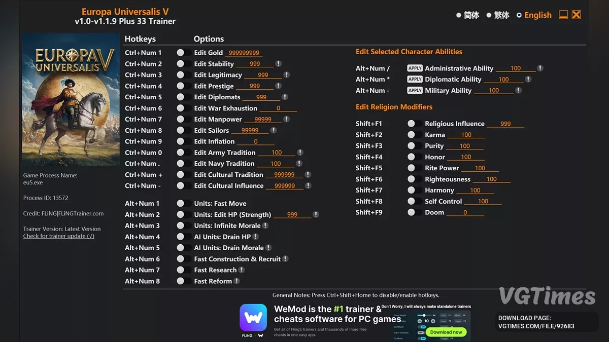Europa Universalis 5 — Трейнер (+33) [1.0 - 1.1.9]