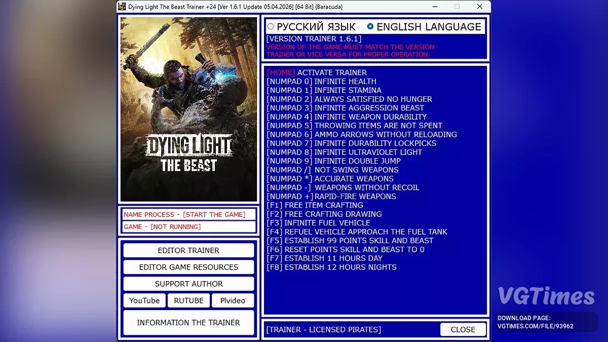 Dying Light: The Beast — Трейнер (+24) [Ver 1.6.1 Update / 05.04.2026]