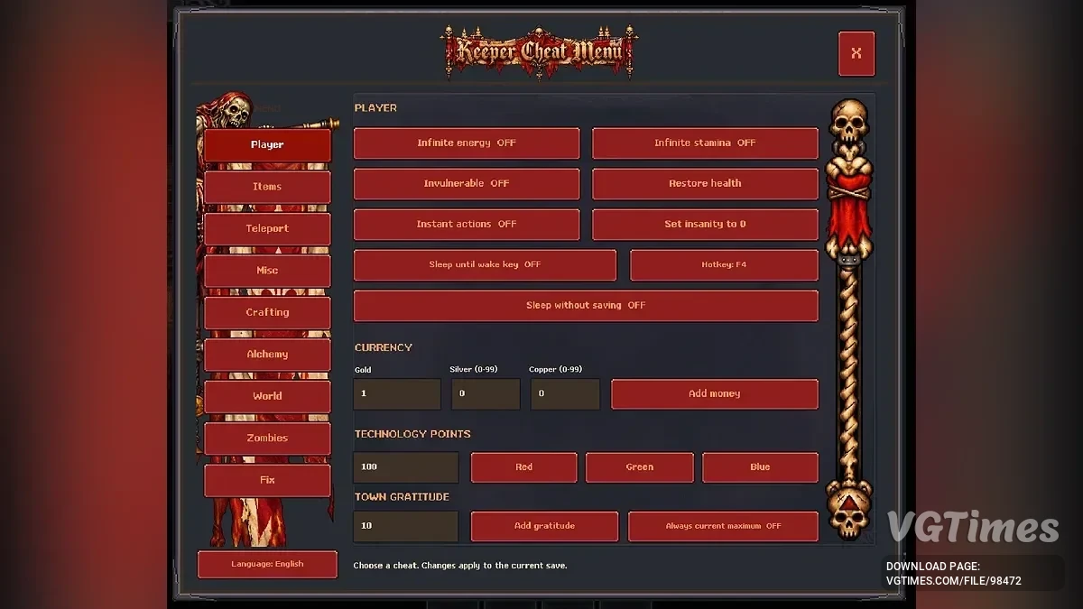 Graveyard Keeper 2 — Cheat Menu (BepInEx) — внутриигровое чит-меню (спавнер предметов, телепорт, бесплатный крафт, автоматизация зомби)