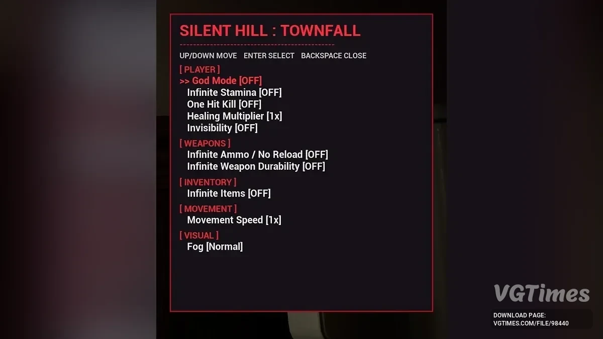 Silent Hill: Townfall — Mod Menu — режим бога, ваншоты, бесконечные патроны, отключение тумана