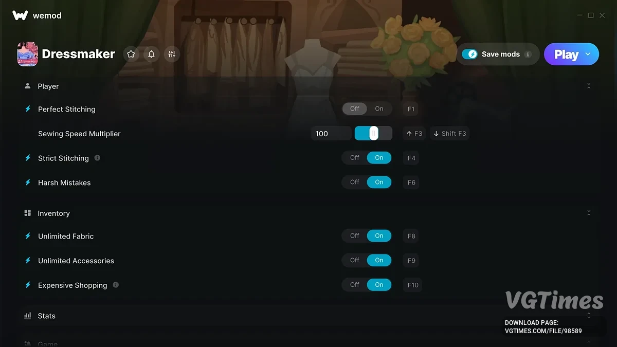 Dressmaker — Трейнер (+35) для ресурсов, автоматизации шитья и репутации