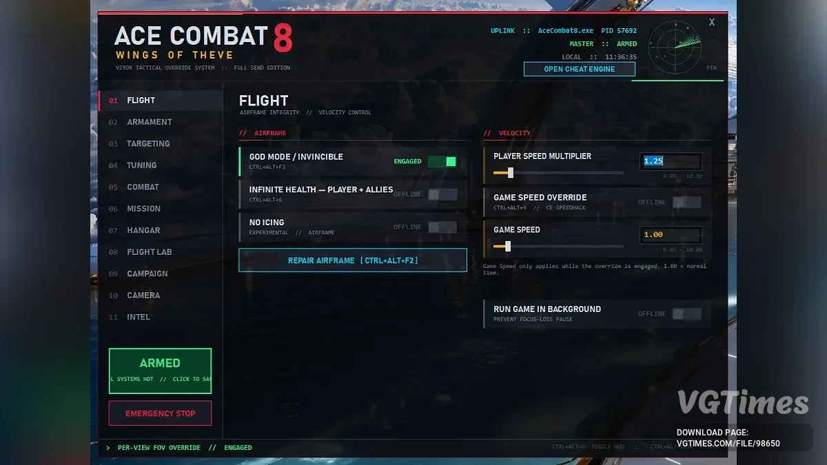 Ace Combat 8: Wings of Theve — VEYDR Tactical Menu — меню для настройки полета, оружия и кампании