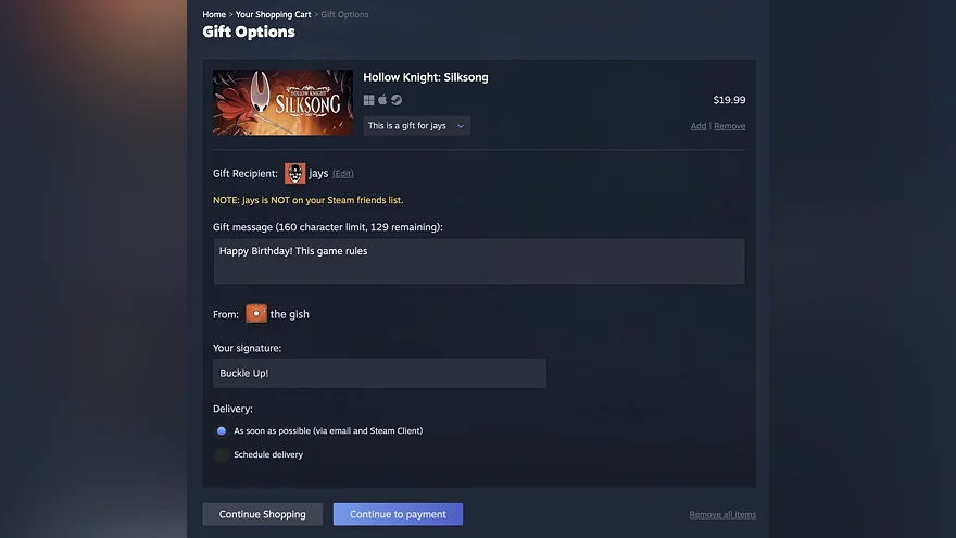 Окно отправки подарка в Steam