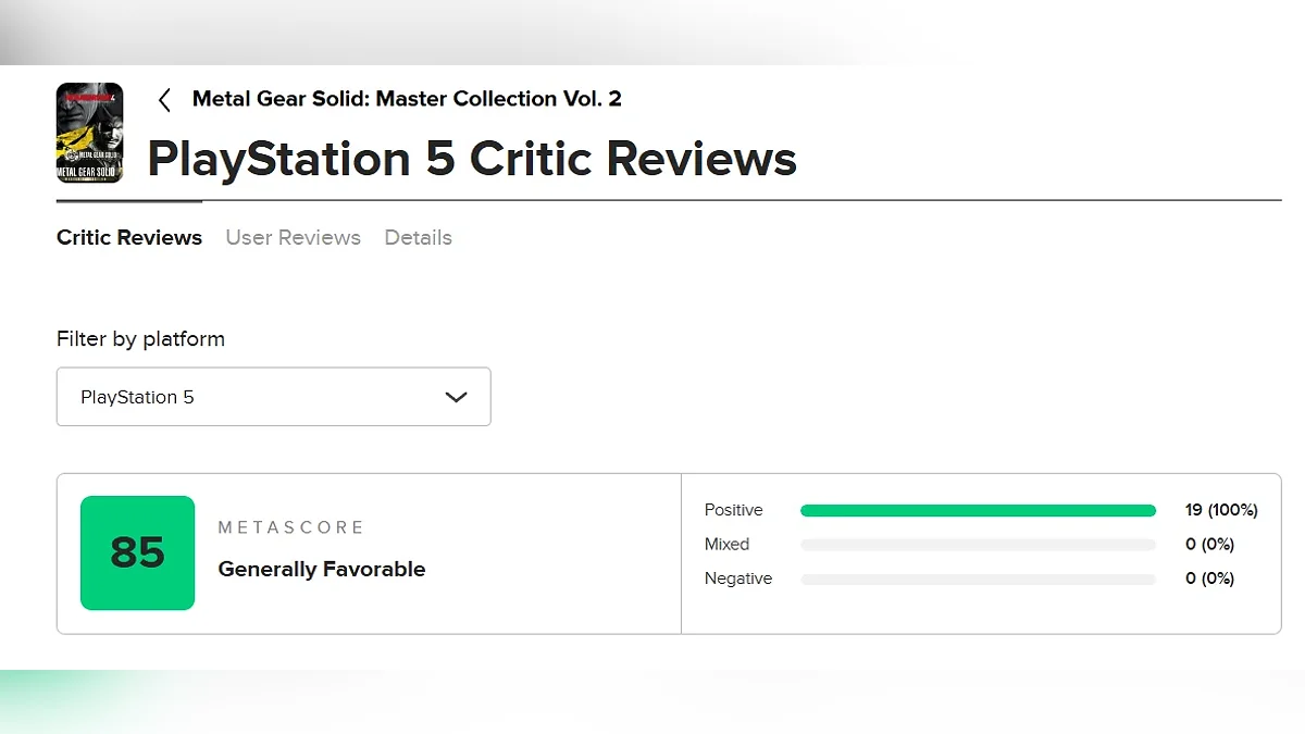 Оценка Metal Gear Solid: Master Collection Vol. 2 на Metacritic