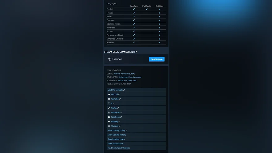 Информация о локализации и совместимости игры Exodus