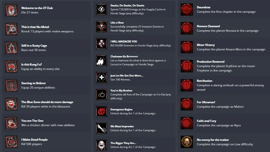 Список достижений игры в Steam