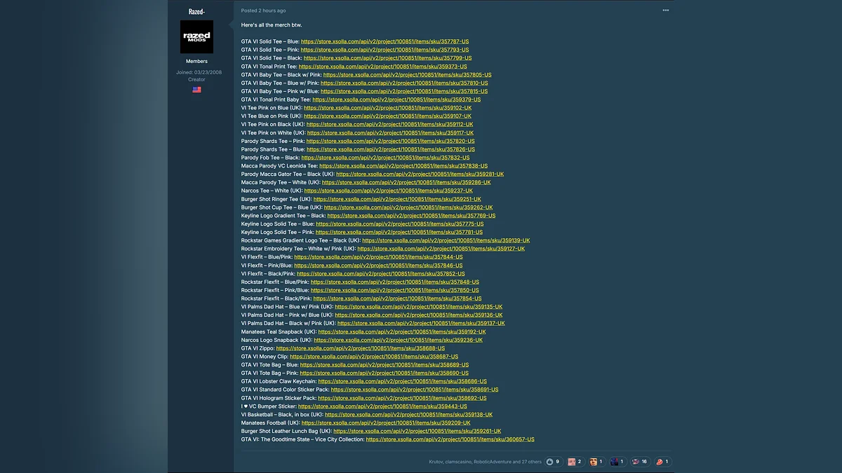 Утечка на GTAForums: Razed опубликовал список мерча GTA 6, среди которого нашлась позиция Vice City Collection