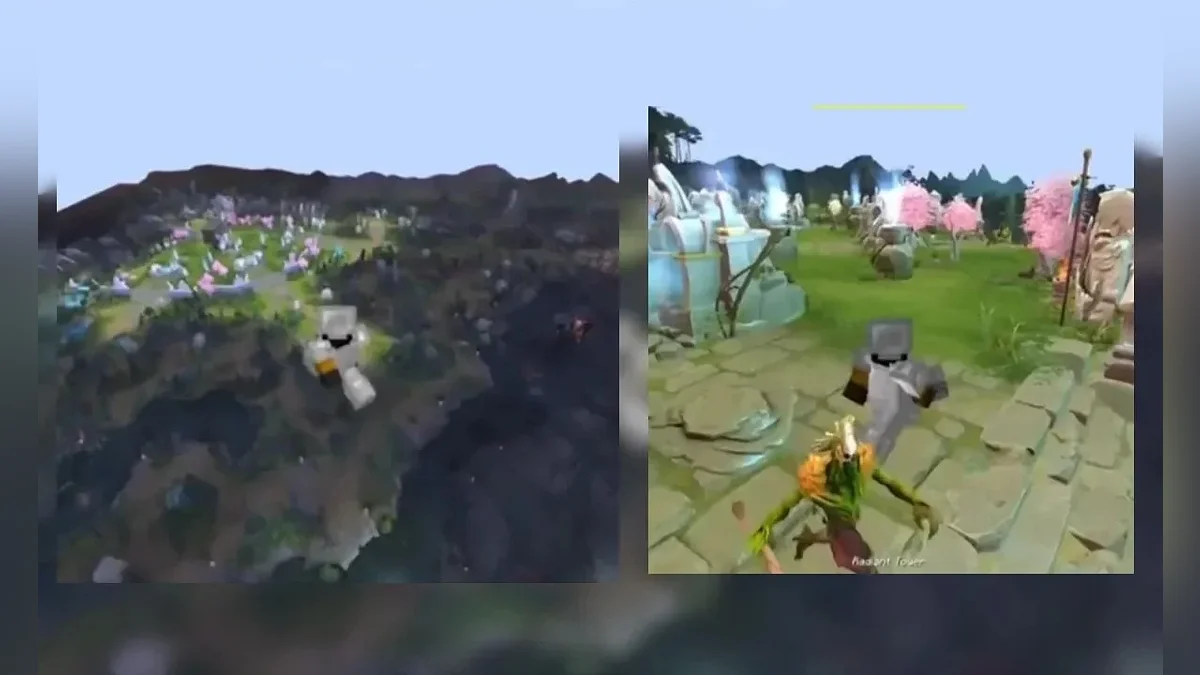Стив из Minecraft летает по карте Dota 2 в моде, созданном с помощью нейросети